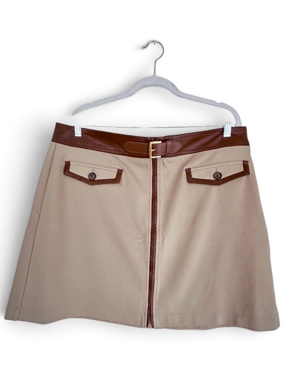 Ralph Lauren Beige Mini Skirt with Brown Trim and Belt Detail Size 16